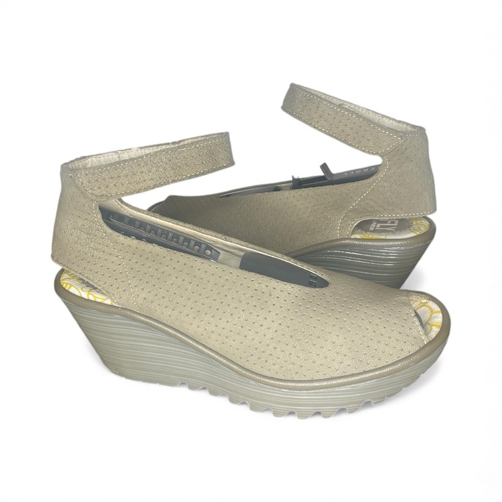 Fly London Beige Perforated Ankle-Strap Wedge Sandals